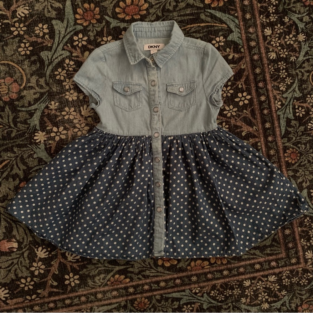 Toddler girls DKNY chambray polka dot button down dress. 2T